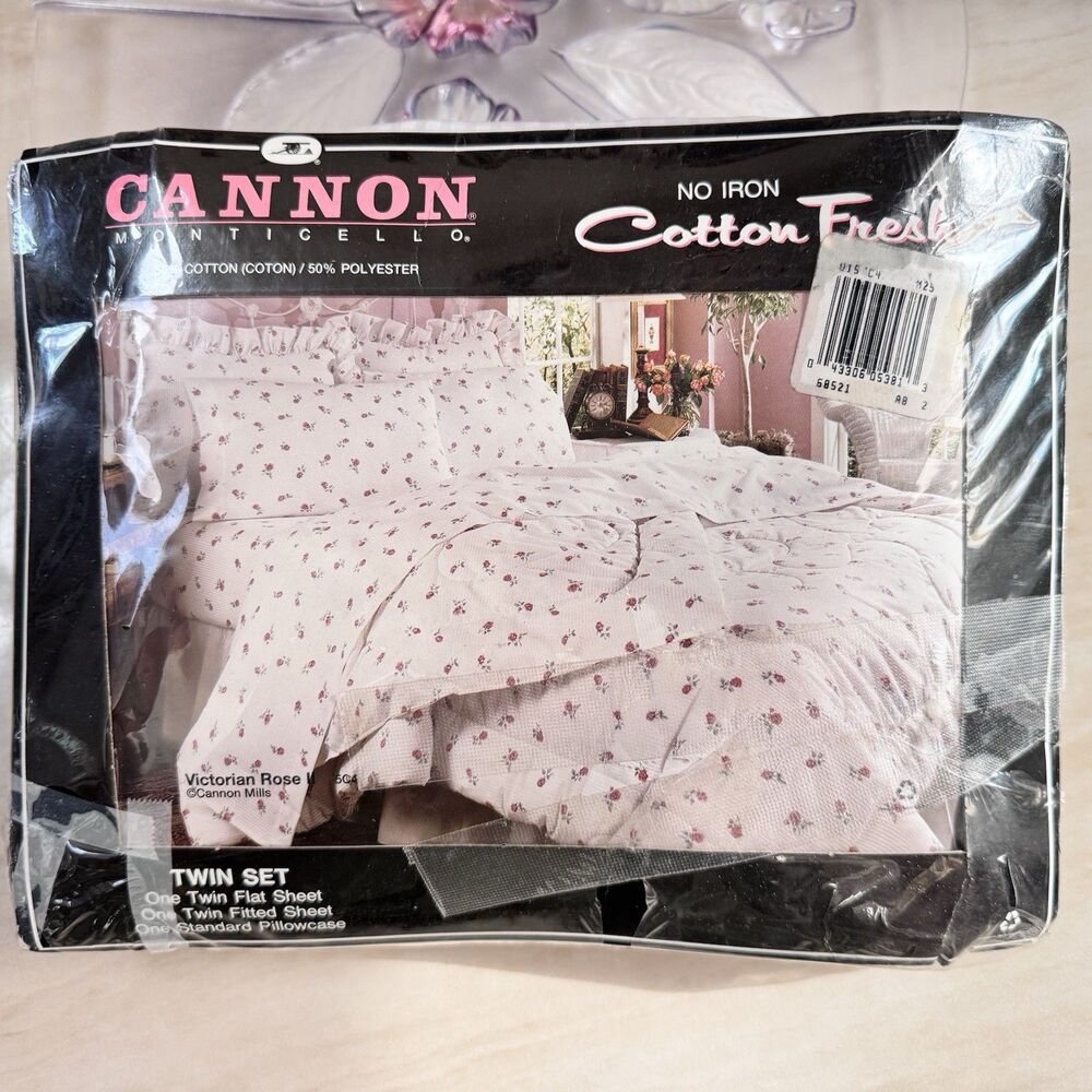 Vintage Cannon Monticello 3pc Twin Set Victorian Rose Floral No Iron CottonFresh